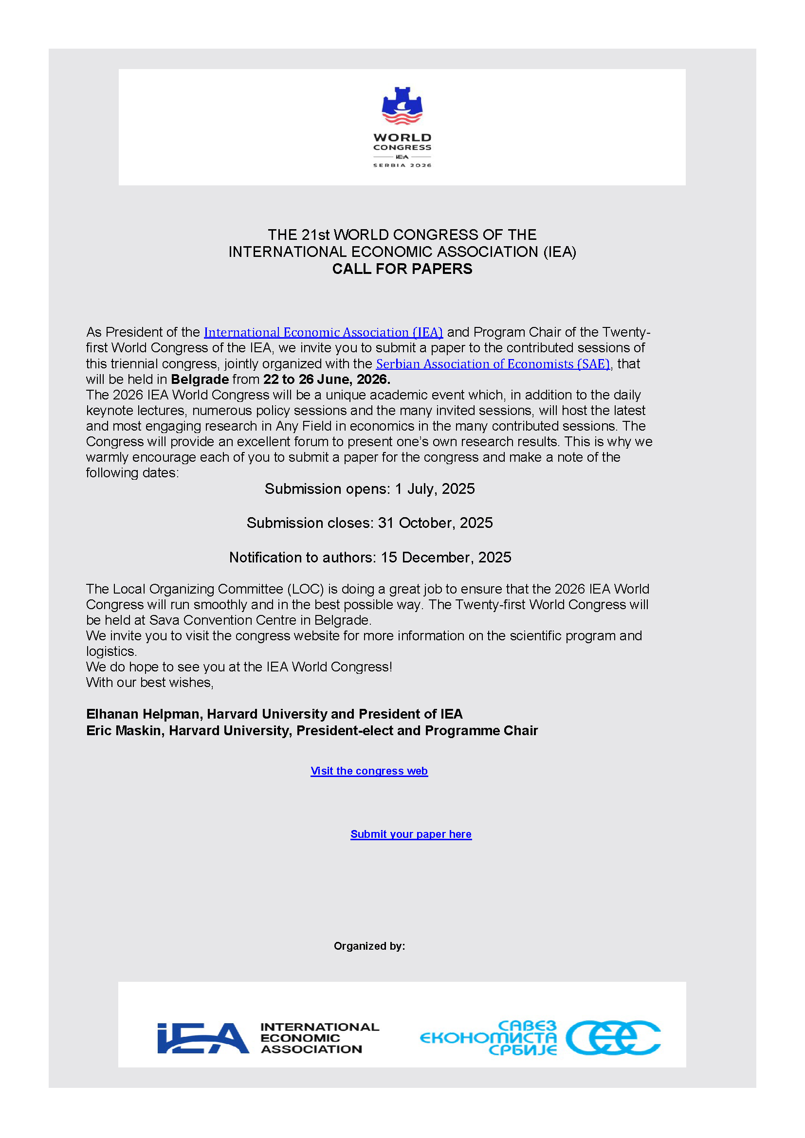 IEA World Congress 2026, Belgrade | Call for papers