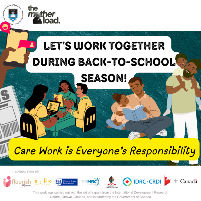 Illustration of adults and children. Speech bubble reading: "Let's work together during back-to-school season!"