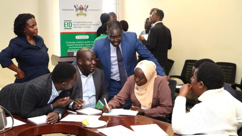 Workshop participants in a group discussion with Prof. Muchapondwa