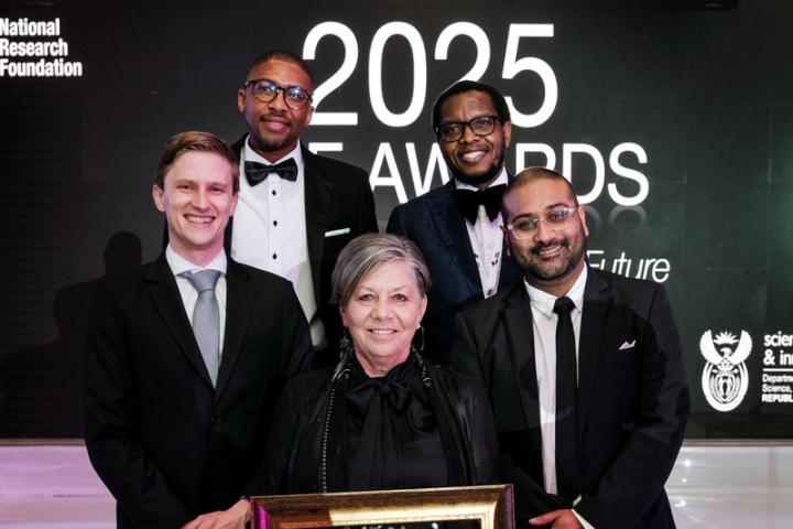 UCT researchers proudly celebrate their success at the NRF Awards, where they were recognised for their outstanding research, innovation and impact. Pictured from left to right: Mr Jonathan Oehley, Dr Itumeleng Monageng, Prof Jill Farrant, Prof Mosa Moshabela and Dr Mubeen Goolam.