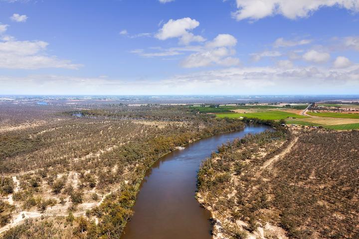 The Murray river slowly flows on riverina plains in Australia - aerial landscape. Stock image