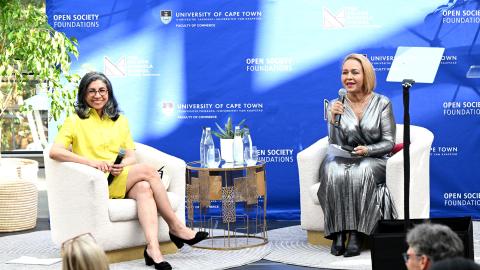 Open Society Foundation president, Binaifer Nowrojee, and moderator, Iman Rappetti, during her special lecture at UCT on Monday, 10 March.