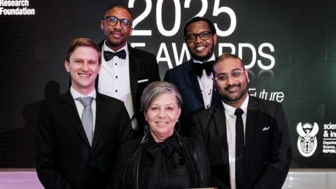 UCT researchers proudly celebrate their success at the NRF Awards, where they were recognised for their outstanding research, innovation and impact. Pictured from left to right: Mr Jonathan Oehley, Dr Itumeleng Monageng, Prof Jill Farrant, Prof Mosa Moshabela and Dr Mubeen Goolam.