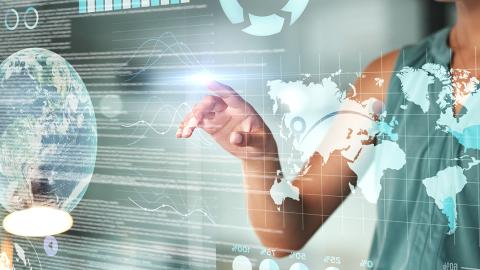 Woman using interface for data and research