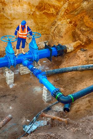 Technical expert underground at gate valve on 500mm drink water pipes joined with new black waga multi joint members into old pipeline system. Stock image
