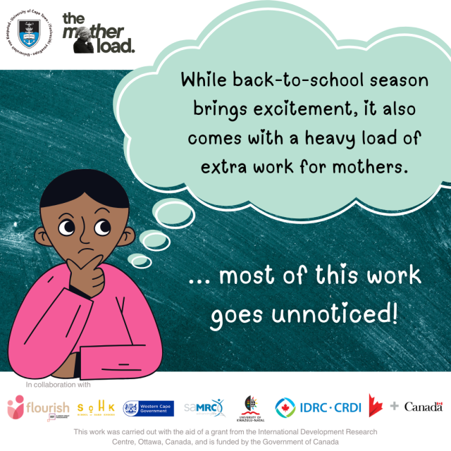 Illustration of person thinking. Speech bubble reads: "While back-to-school season brings excitement, it also comes with a heavy load of extra work for mothers"