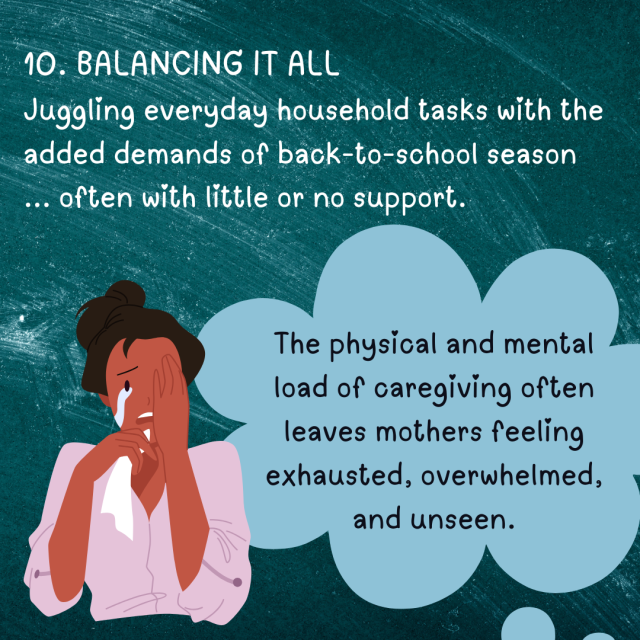 Illustration of crying mother. Headline reads: "10. Balancing it all..."