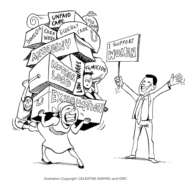Cartoon of an exhausted mother carrying children and weighed down by symbols of systemic injustices, while a man stands beside her holding a sign that reads "I support women" and cheers her on.
