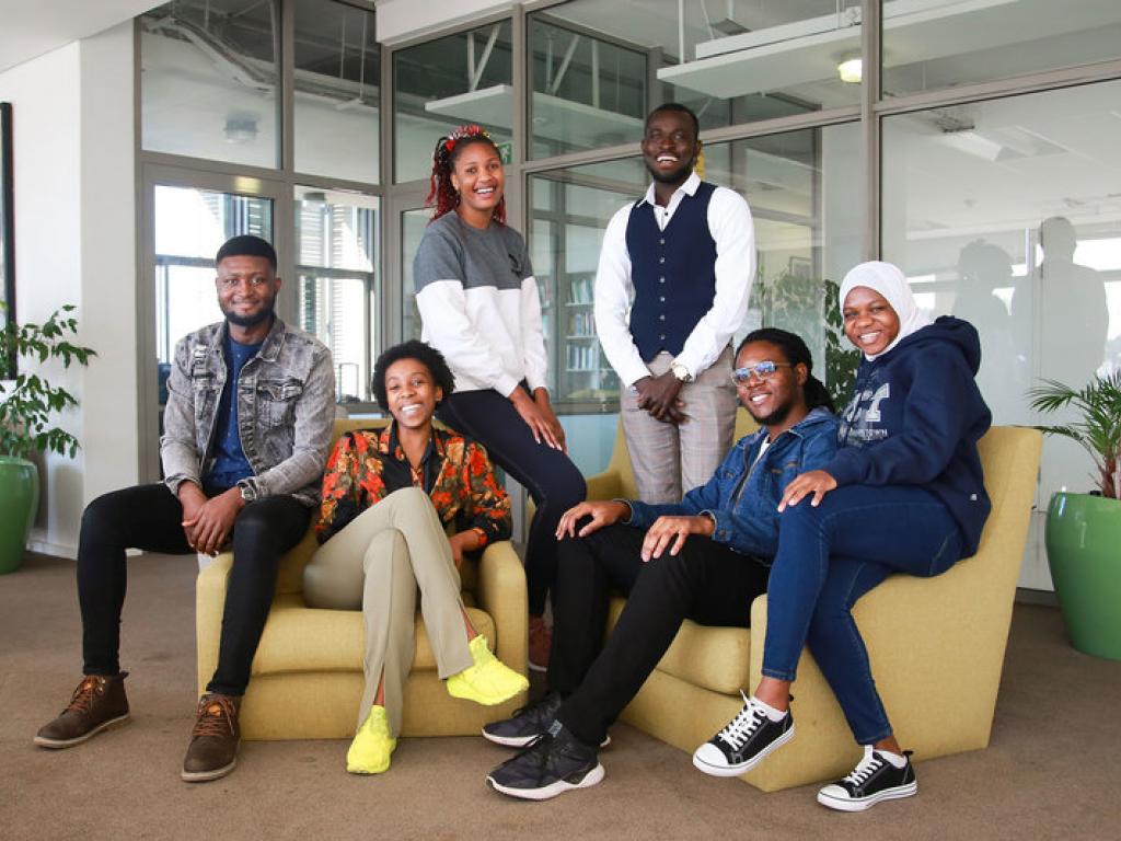 Mastercard Foundation Scholars (from left, back) Bright Tetteh, Gamuchirayi Manyadzi and Iyanuoluwa Oyetunji. (From left, front) Simamnkele Dingiswayo, Simbarashe Kaneunyenye and Sharifa Negesa.