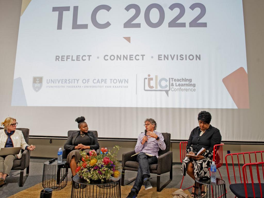 The first panel discussion of TLC2022 was held on Tuesday, 25 October. Alison Meadows (left), Yanganani Sibeko and Richard Perez (centre) and Assoc Prof Kasturi Behari-Leak participated.