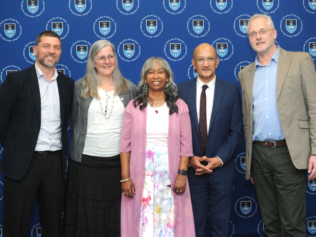 Photographed at the induction of the new UCT Fellows were (From left) Prof Thomas Scriba, DVC Prof Sue Harrison, Prof Liesl Zühlke, VC interim Emer Prof Daya Reddy, Prof Tom Moultrie (Not in picture: Prof Wendy Burgers).