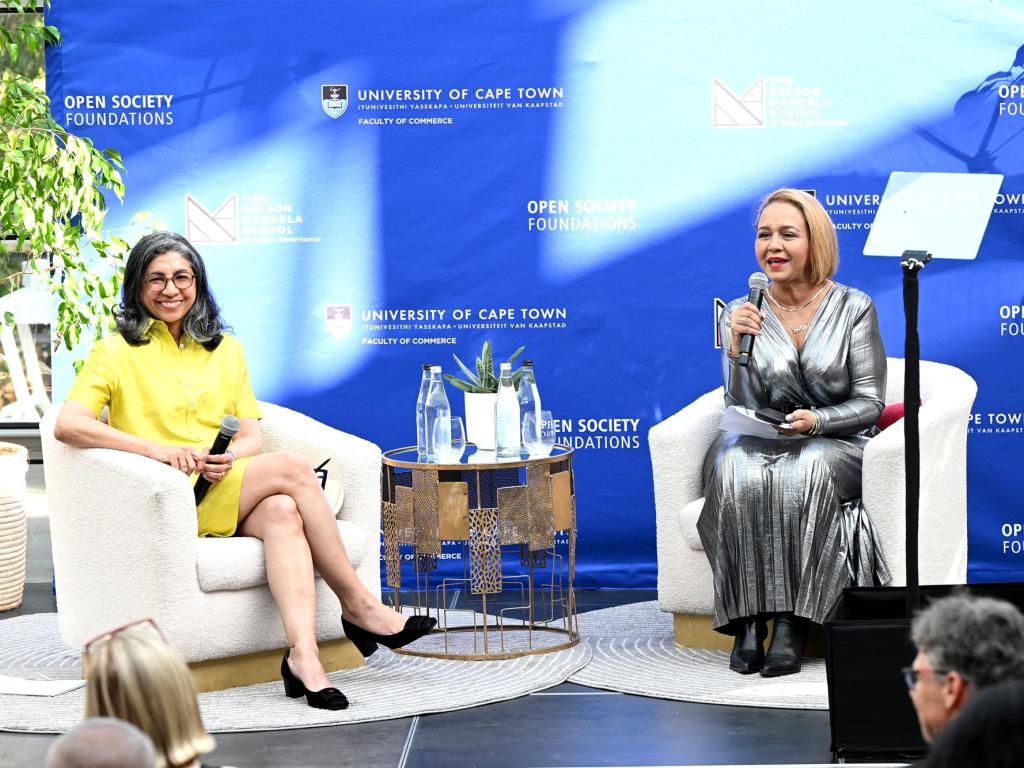Open Society Foundation president, Binaifer Nowrojee, and moderator, Iman Rappetti, during her special lecture at UCT on Monday, 10 March.
