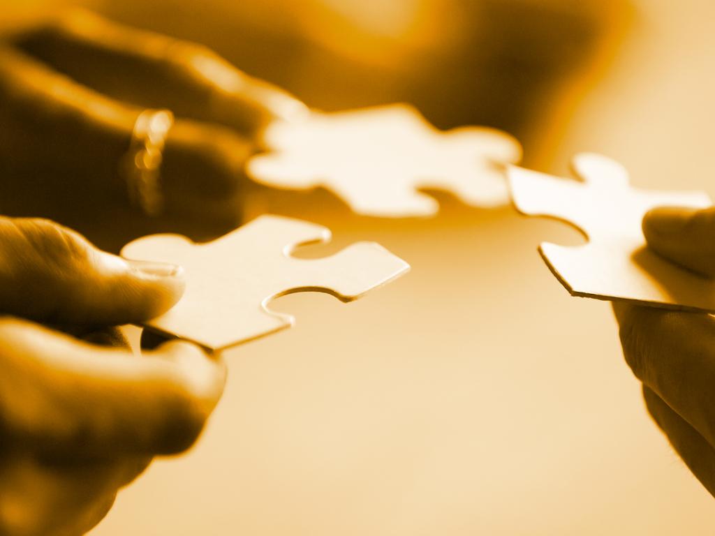 Hands of diverse group holding puzzle pieces together
